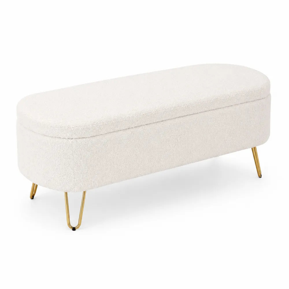 Banc en tissu crème avec pieds en métal doré et rangement