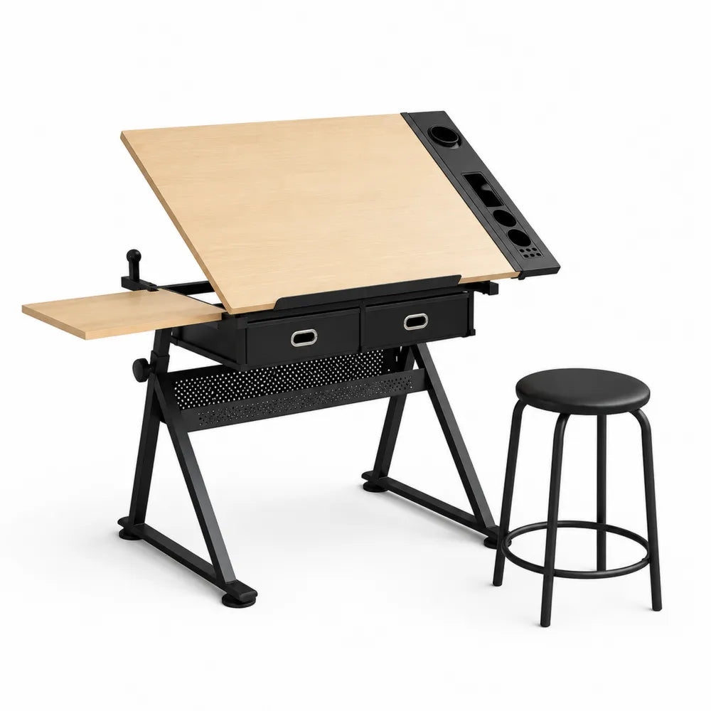 Table à dessin en bois et métal avec tabouret noir