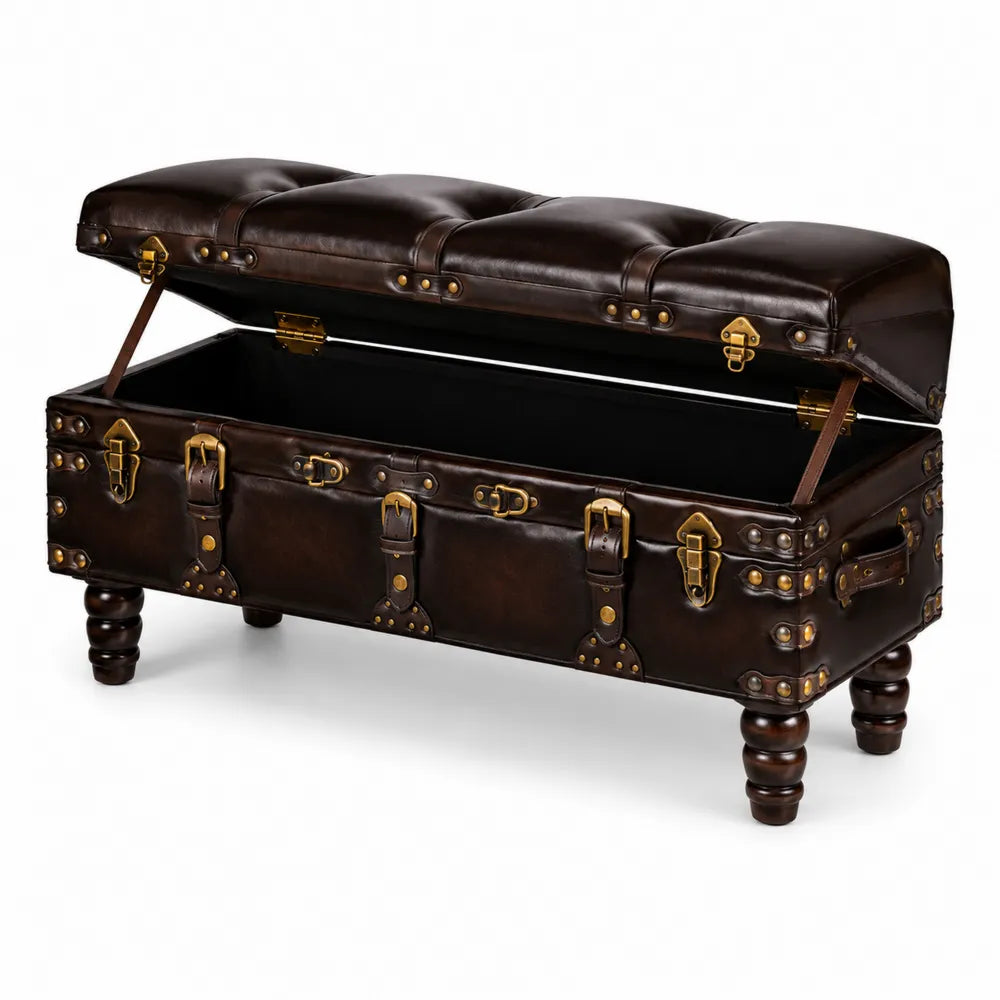 Banc de rangement en cuir PU et métal marron 120x40x50cm