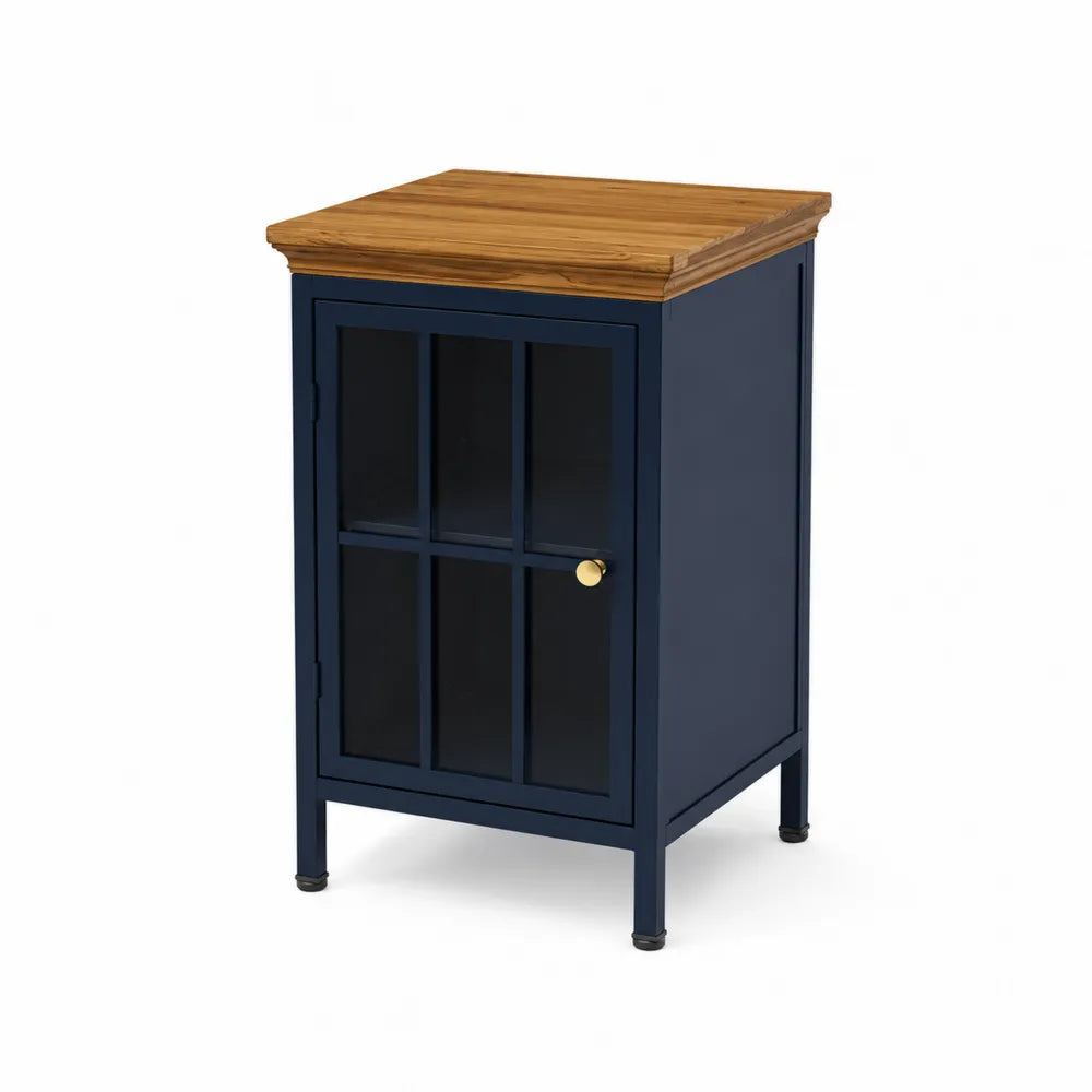 Table de chevet en métal avec plateau en bois et porte en verre