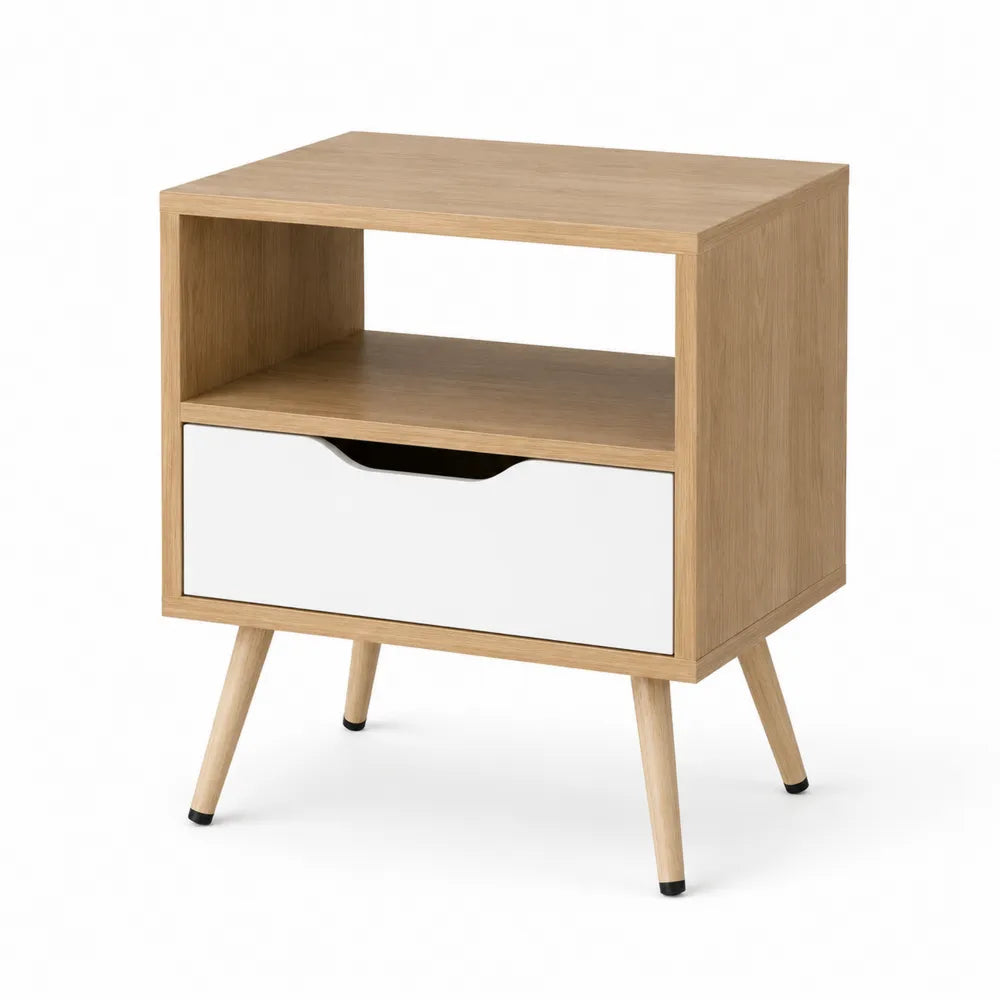 Table de chevet en bois de chêne et MDF avec tiroir blanc