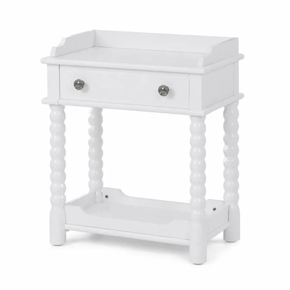 Table de chevet en bois blanc avec tiroir et étagère