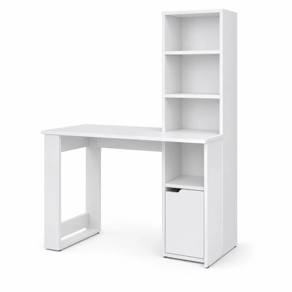 Bureau d'angle avec étagère intégrée en bois blanc