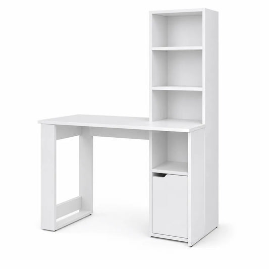 Bureau d'angle avec étagère intégrée en bois blanc