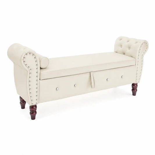 Banc de rangement en cuir synthétique crème avec accoudoirs capitonnés