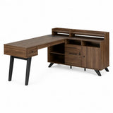 Bureau d'angle en bois avec étagères et tiroirs en noyer