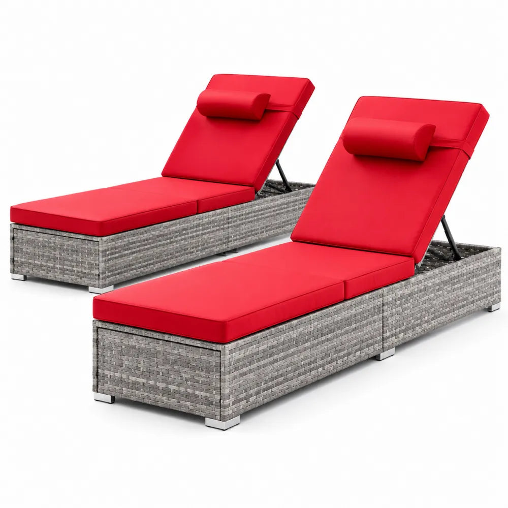 Lot de 2 Chaises Longues en Résine Tressée et Coussin Rouge