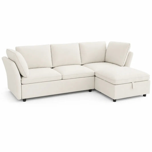 Canapé d'angle convertible 3 places tissu crème