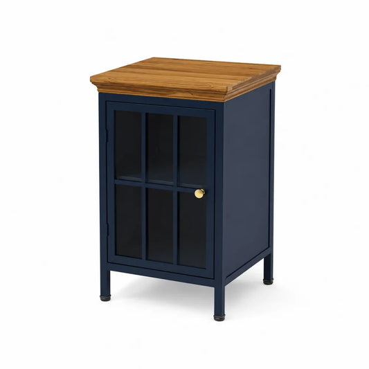 Table de chevet en métal avec plateau en bois et porte en verre