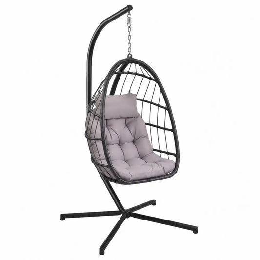 Fauteuil suspendu en résine tressée avec coussin gris