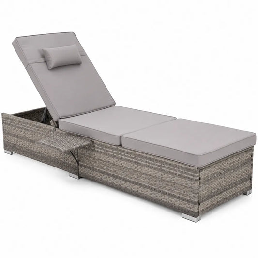 Chaise Longue Extérieure en Résine Tressée Gris avec Coussin Réglable