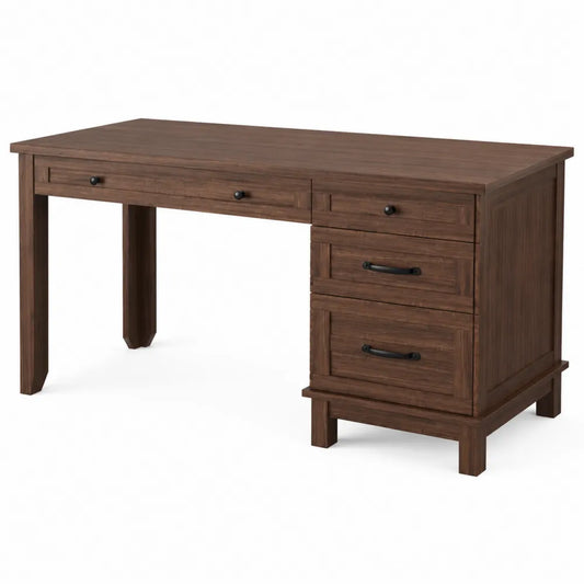 Bureau en Bois avec 4 Tiroirs Chêne Foncé