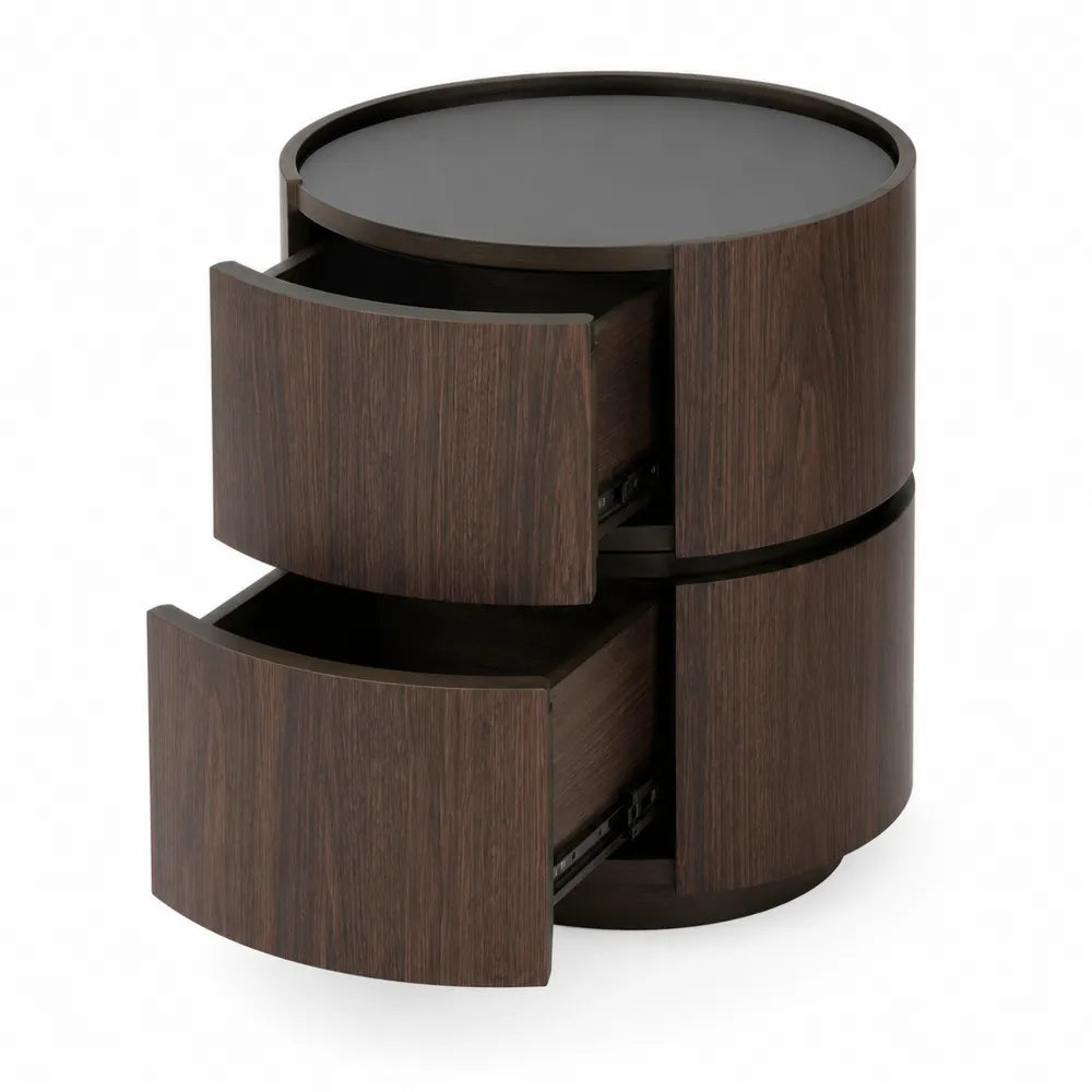 Table de chevet ronde en bois avec deux tiroirs